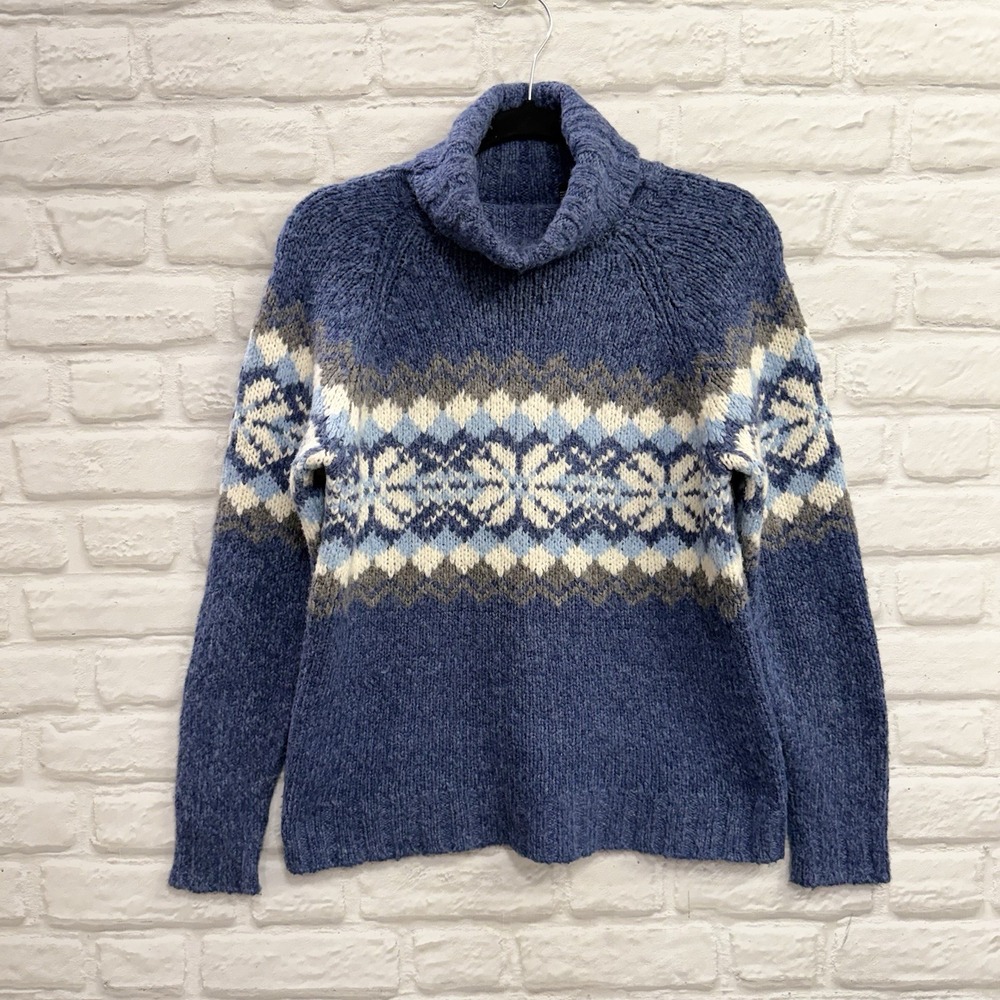 Nordic Fair Isle Wool Blend Turtleneck Knit Sweater S Blue Snowflake Cabincore